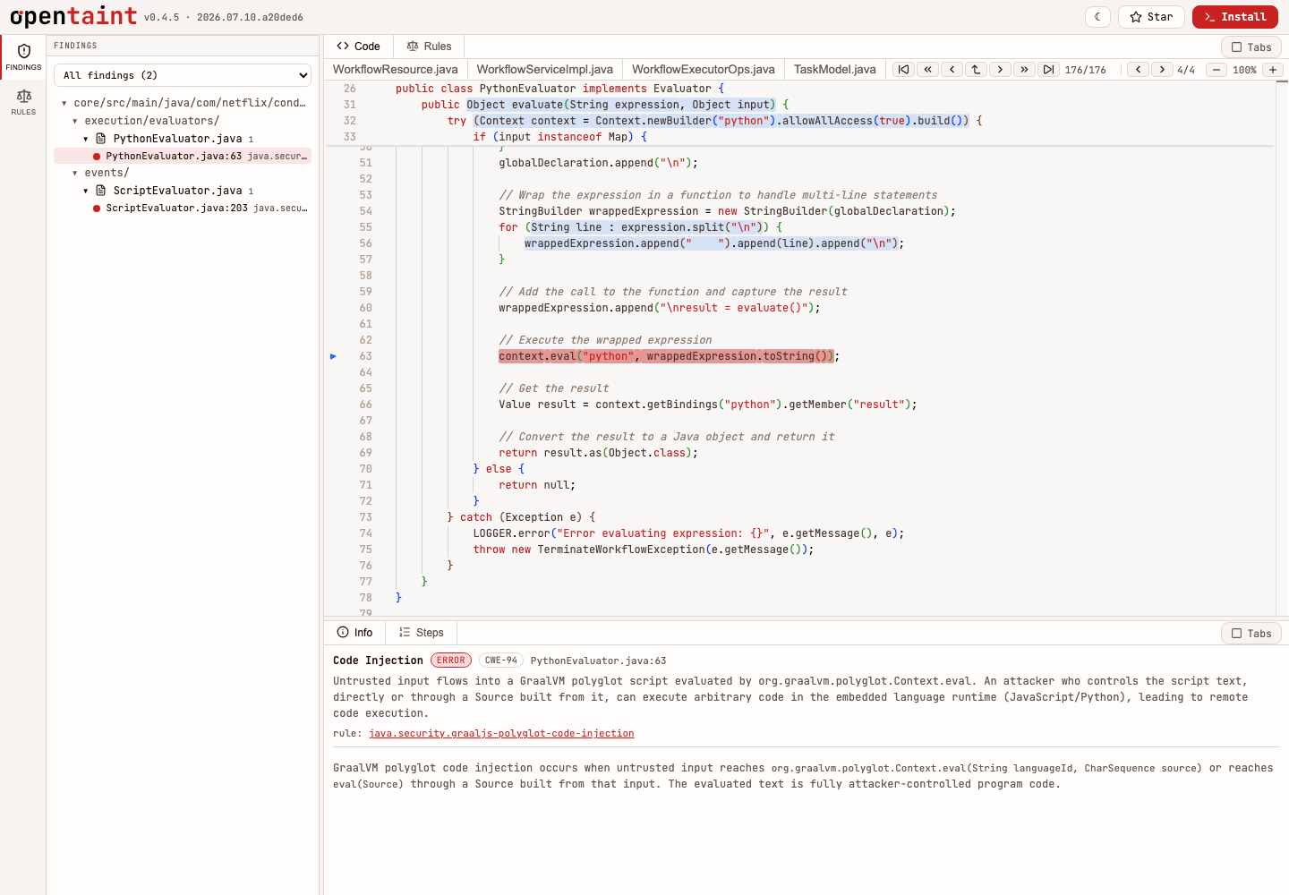 OpenTaint report showing the Python and JavaScript findings