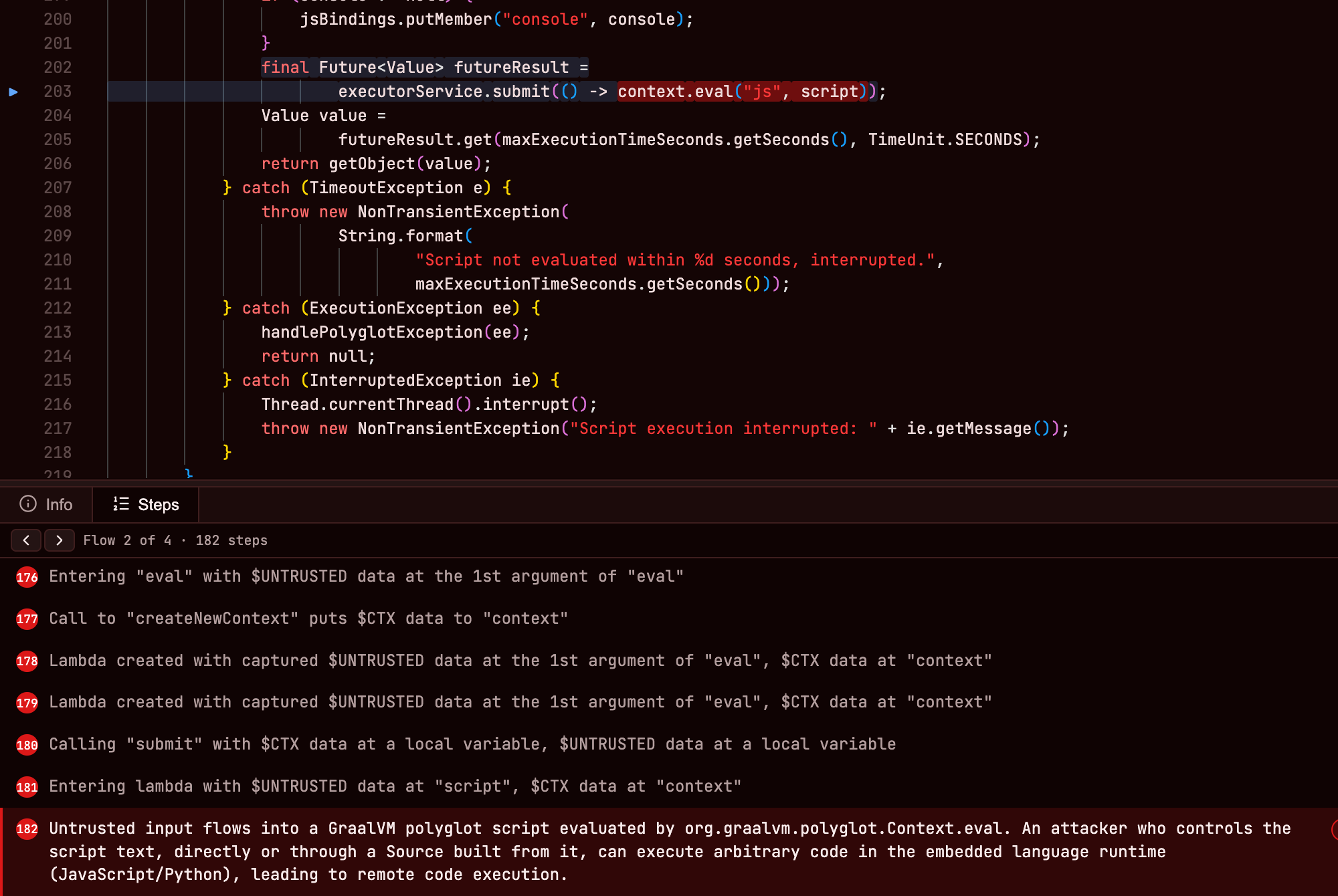OpenTaint report zoomed into the vulnerable Context.eval call and the final steps of its 182-step taint trace