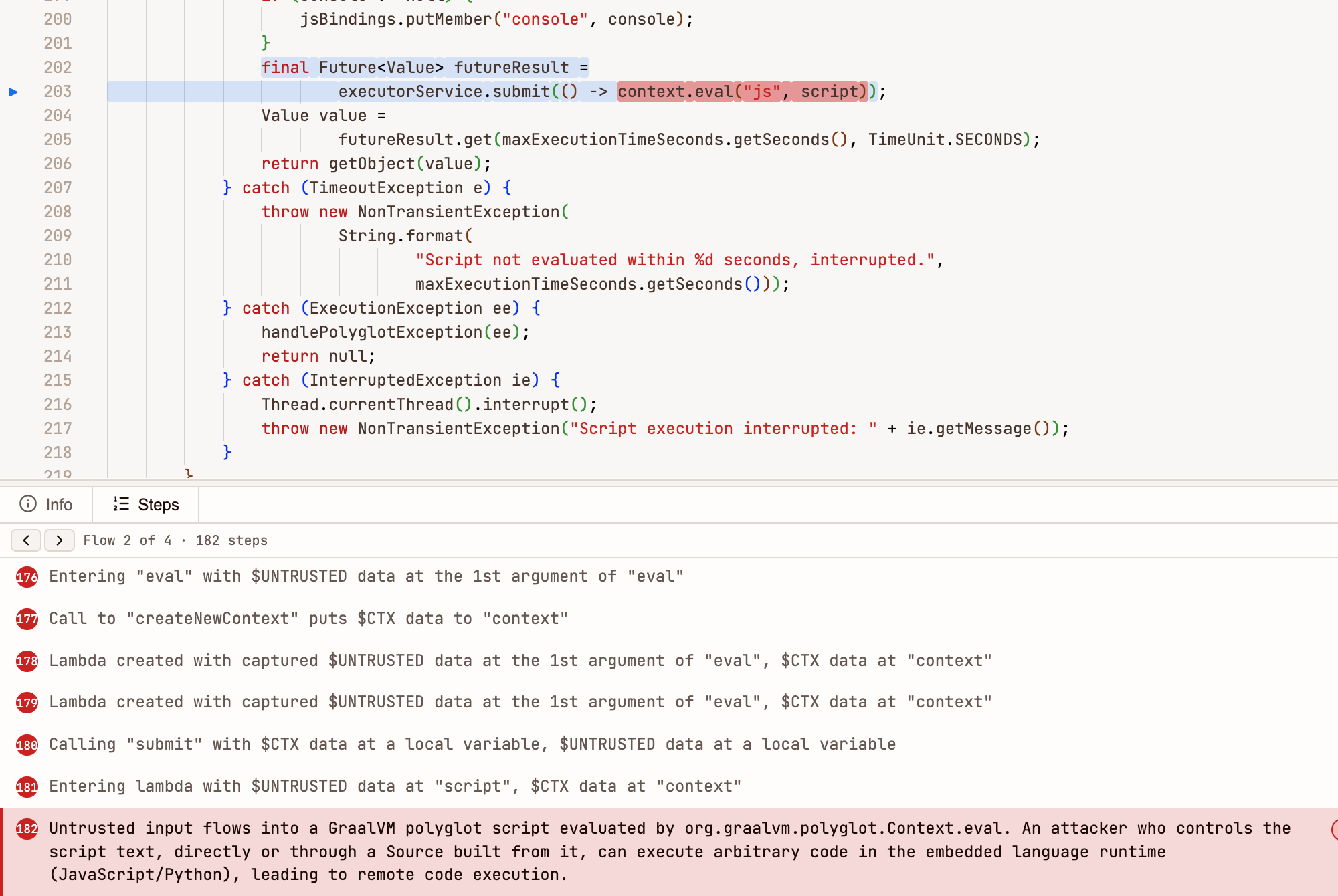 OpenTaint report zoomed into the vulnerable Context.eval call and the final steps of its 182-step taint trace